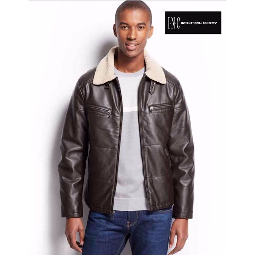 NWT $149.00 Sz M INC Brown Pu-Leather Men Full-Zip Seamed Quilting Jacket Coat